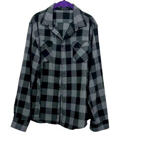 MCEDAR Black & Gray Grey Soft Cozy Long Sleeve Plaid Button Up Men Shirt XL